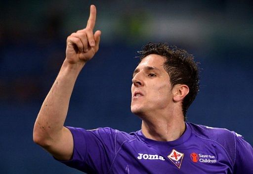Stevan Jovetic celebrates after scoring for Fiorentina against Lazio in Rome, on March 10, 2013